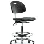 Class 10 Newport Industrial Polyurethane Clean Room Chair - High Bench Height with Chrome Foot Ring & Stationary Glides in Black Polyurethane