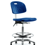 Class 10 Newport Industrial Polyurethane Clean Room Chair - High Bench Height with Chrome Foot Ring & Stationary Glides in Blue Polyurethane