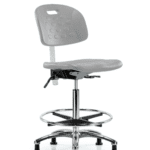 Class 10 Newport Industrial Polyurethane Clean Room Chair - High Bench Height with Chrome Foot Ring & Stationary Glides in Gray Polyurethane