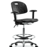 Class 100 Newport Industrial Polyurethane Clean Room Chair - High Bench Height with Adjustable Arms, Chrome Foot Ring, & Casters in Black Polyurethane