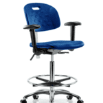 Class 100 Newport Industrial Polyurethane Clean Room Chair - High Bench Height with Adjustable Arms, Chrome Foot Ring, & Casters in Blue Polyurethane