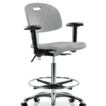 Class 100 Newport Industrial Polyurethane Clean Room Chair - High Bench Height with Adjustable Arms, Chrome Foot Ring, & Casters in Gray Polyurethane