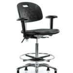 Class 100 Newport Industrial Polyurethane Clean Room Chair - High Bench Height with Adjustable Arms, Chrome Foot Ring, & Stationary Glides in Black Polyurethane