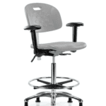 Class 100 Newport Industrial Polyurethane Clean Room Chair - High Bench Height with Adjustable Arms, Chrome Foot Ring, & Stationary Glides in Gray Polyurethane