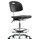 Class 100 Newport Industrial Polyurethane Clean Room Chair - High Bench Height with Seat Tilt, Chrome Foot Ring, & Casters in Black Polyurethane