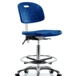Class 100 Newport Industrial Polyurethane Clean Room Chair - High Bench Height with Seat Tilt, Chrome Foot Ring, & Casters in Blue Polyurethane