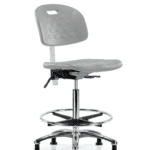 Class 100 Newport Industrial Polyurethane Clean Room Chair - High Bench Height with Seat Tilt, Chrome Foot Ring, & Stationary Glides in Gray Polyurethane