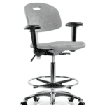 Class 100 Newport Industrial Polyurethane Clean Room Chair - High Bench Height with Seat Tilt, Adjustable Arms, Chrome Foot Ring, & Casters in Gray Polyurethane