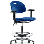 CL100 Newport Ind Polyurethane Clean Room Chair - High Bench Height with Seat Tilt, Adjustable Arms, Chrome Foot Ring, & Stationary Glides in Blue Polyurethane