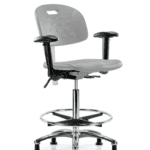 CL100 Newport Ind Polyurethane Clean Room Chair - High Bench Height with Seat Tilt, Adjustable Arms, Chrome Foot Ring, & Stationary Glides in Gray Polyurethane