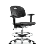 Class 100 Newport Industrial Polyurethane Clean Room Chair - Medium Bench Height with Adjustable Arms, Chrome Foot Ring, & Casters in Black Polyurethane