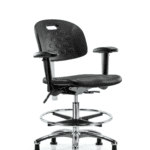 Class 100 Newport Ind Polyurethane Clean Room Chair - Medium Bench Height with Adjustable Arms, Chrome Foot Ring, & Stationary Glides in Black Polyurethane