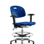Class 100 Newport Ind Polyurethane Clean Room Chair - Medium Bench Height with Adjustable Arms, Chrome Foot Ring, & Stationary Glides in Blue Polyurethane