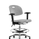Class 100 Newport Ind Polyurethane Clean Room Chair - Medium Bench Height with Adjustable Arms, Chrome Foot Ring, & Stationary Glides in Gray Polyurethane