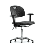 Class 100 Newport Industrial Polyurethane Clean Room Chair - Medium Bench Height with Adjustable Arms & Stationary Glides in Black Polyurethane