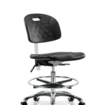 Class 100 Newport Industrial Polyurethane Clean Room Chair - Medium Bench Height with Seat Tilt, Chrome Foot Ring, & Casters in Black Polyurethane