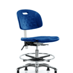 Class 100 Newport Industrial Polyurethane Clean Room Chair - Medium Bench Height with Seat Tilt, Chrome Foot Ring, & Stationary Glides in Blue Polyurethane
