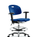 Class 100 Newport Ind Polyurethane Clean Room Chair - Medium Bench Height with Seat Tilt, Adjustable Arms, Chrome Foot Ring, & Casters in Blue Polyurethane