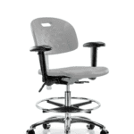 Class 100 Newport Ind Polyurethane Clean Room Chair - Medium Bench Height with Seat Tilt, Adjustable Arms, Chrome Foot Ring, & Casters in Gray Polyurethane