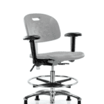 CL100 Newport Ind Polyurethane Clean Room Chair - Medium Bench Height with Seat Tilt, Adj Arms, Chrome Foot Ring, & Stationary Glides in Gray Polyurethane