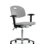 Class 100 Newport Industrial Polyurethane Clean Room Chair - Medium Bench Height with Seat Tilt, Adjustable Arms, & Stationary Glides in Gray Polyurethane