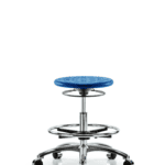 Class 10 Huron Polyurethane Clean Room Stool - Medium Bench Height with Chrome Foot Ring & Casters in Blue Polyurethane