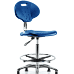 Class 10 Erie Polyurethane Clean Room Chair - High Bench Height with Chrome Foot Ring & Stationary Glides in Blue Polyurethane