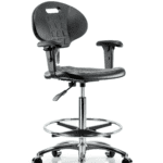 Class 100 Erie Polyurethane Clean Room Chair - High Bench Height with Adjustable Arms, Chrome Foot Ring, & Casters in Black Polyurethane