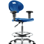 Class 100 Erie Polyurethane Clean Room Chair - High Bench Height with Adjustable Arms, Chrome Foot Ring, & Casters in Blue Polyurethane