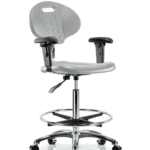 Class 100 Erie Polyurethane Clean Room Chair - High Bench Height with Adjustable Arms, Chrome Foot Ring, & Casters in Gray Polyurethane