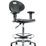 Class 100 Erie Polyurethane Clean Room Chair - High Bench Height with Adjustable Arms, Chrome Foot Ring & Stationary Glides in Black Polyurethane