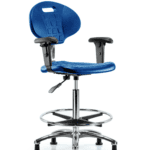 Class 100 Erie Polyurethane Clean Room Chair - High Bench Height with Adjustable Arms, Chrome Foot Ring & Stationary Glides in Blue Polyurethane
