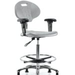 Class 100 Erie Polyurethane Clean Room Chair - High Bench Height with Adjustable Arms, Chrome Foot Ring & Stationary Glides in Gray Polyurethane