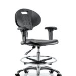 Class 100 Erie Polyurethane Clean Room Chair - Medium Bench Height with Adjustable Arms, Chrome Foot Ring, & Casters in Black Polyurethane