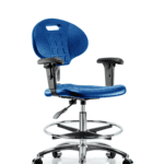 Class 100 Erie Polyurethane Clean Room Chair - Medium Bench Height with Adjustable Arms, Chrome Foot Ring, & Casters in Blue Polyurethane