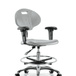 Class 100 Erie Polyurethane Clean Room Chair - Medium Bench Height with Adjustable Arms, Chrome Foot Ring, & Casters in Gray Polyurethane