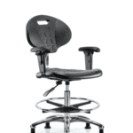 Class 100 Erie Polyurethane Clean Room Chair - Medium Bench Height with Adjustable Arms, Chrome Foot Ring & Stationary Glides in Black Polyurethane