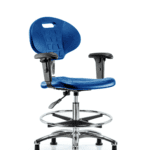 Class 100 Erie Polyurethane Clean Room Chair - Medium Bench Height with Adjustable Arms, Chrome Foot Ring & Stationary Glides in Blue Polyurethane