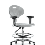 Class 100 Erie Polyurethane Clean Room Chair - Medium Bench Height with Adjustable Arms, Chrome Foot Ring & Stationary Glides in Gray Polyurethane