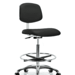 Class 10 Clean Room Vinyl Chair Chrome - High Bench Height with Chrome Foot Ring & Casters in Black Trailblazer Vinyl