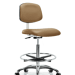Class 10 Clean Room Vinyl Chair Chrome - High Bench Height with Chrome Foot Ring & Casters in Taupe Trailblazer Vinyl