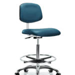 Class 10 Clean Room Vinyl Chair Chrome - High Bench Height with Chrome Foot Ring & Casters in Marine Blue Supernova Vinyl