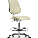 Class 10 Clean Room Vinyl Chair Chrome - High Bench Height with Medium Back, Chrome Foot Ring, & Casters in Adobe White Trailblazer Vinyl