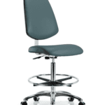 Class 10 Clean Room Vinyl Chair Chrome - High Bench Height with Medium Back, Chrome Foot Ring, & Casters in Colonial Blue Trailblazer Vinyl