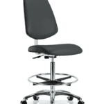 Class 10 Clean Room Vinyl Chair Chrome - High Bench Height with Medium Back, Chrome Foot Ring, & Casters in Charcoal Trailblazer Vinyl