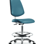 Class 10 Clean Room Vinyl Chair Chrome - High Bench Height with Medium Back, Chrome Foot Ring, & Casters in Marine Blue Supernova Vinyl