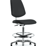 Class 10 Clean Room Vinyl Chair Chrome - High Bench Height with Medium Back, Chrome Foot Ring, & Stationary Glides in Black Trailblazer Vinyl