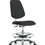 Class 10 Clean Room Vinyl Chair Chrome - Medium Bench Height with Medium Back, Chrome Foot Ring, & Casters in Black Trailblazer Vinyl