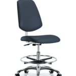 Class 10 Clean Room Vinyl Chair Chrome - Medium Bench Height with Medium Back, Chrome Foot Ring, & Casters in Imperial Blue Trailblazer Vinyl