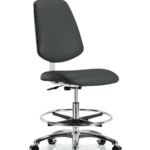 Class 10 Clean Room Vinyl Chair Chrome - Medium Bench Height with Medium Back, Chrome Foot Ring, & Casters in Charcoal Trailblazer Vinyl